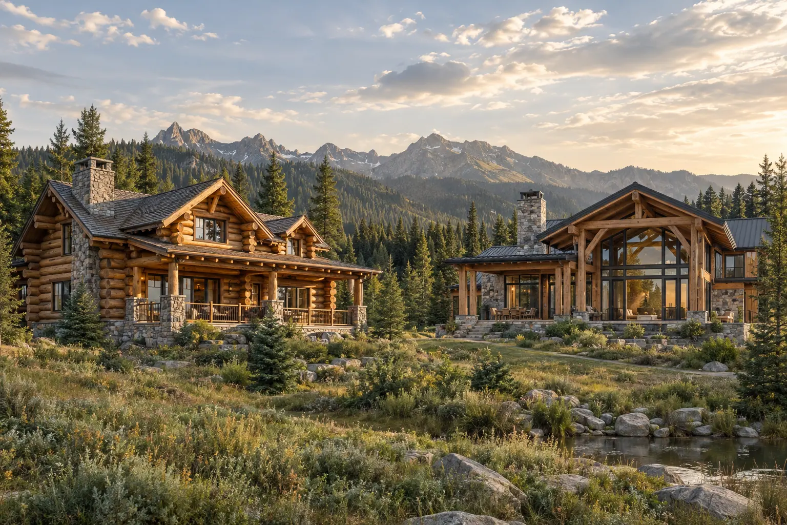 Illustrative comparison of a full-scribe log home and a timber-frame home in a mountain setting