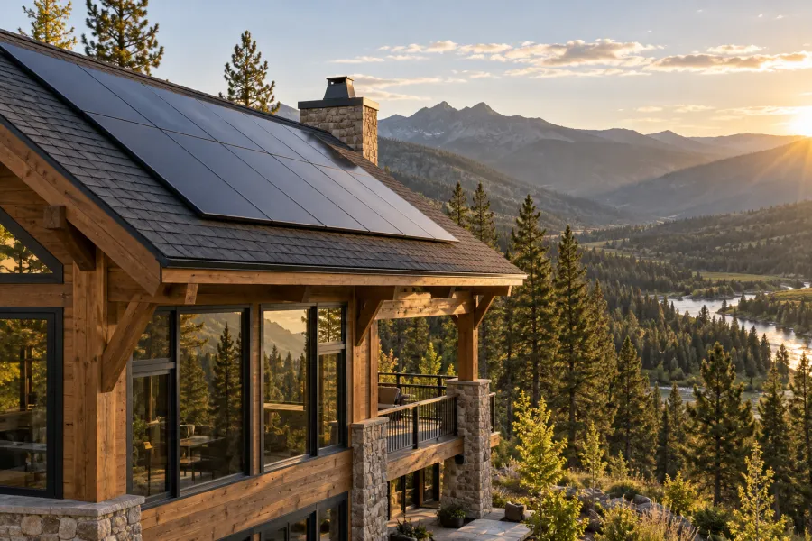 Design illustration of a timber home with solar panels in a mountain setting