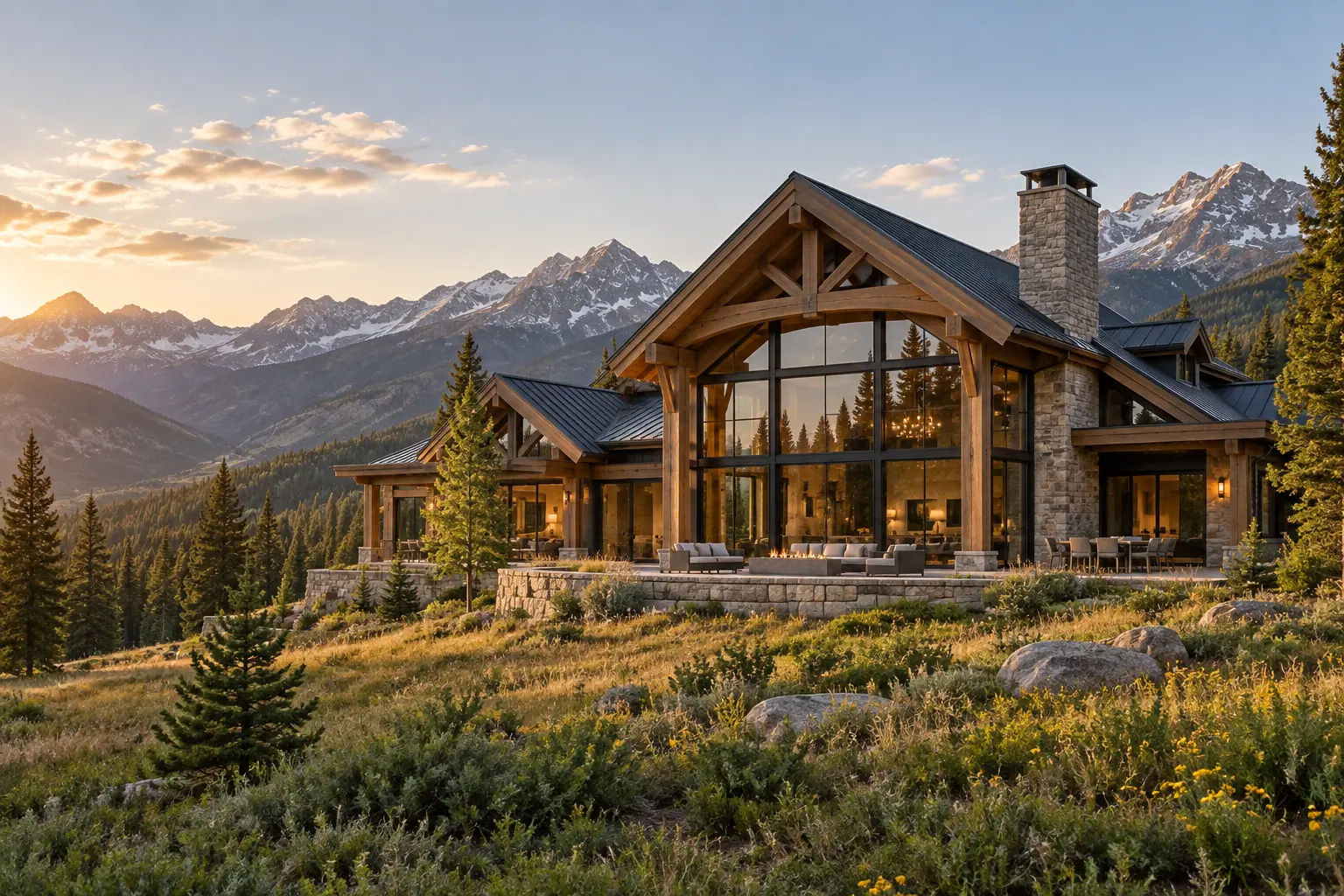 Illustrative timber-frame estate set in an alpine mountain landscape