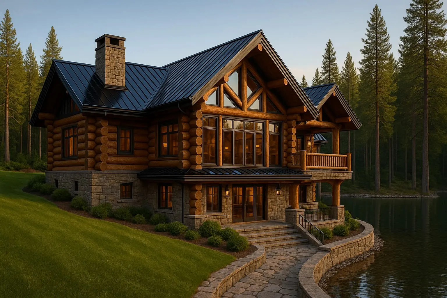 Illustrative rendering of a log home beside a lake