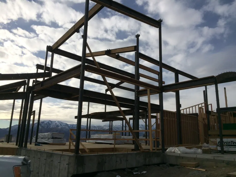 Steel frame and timber members during construction