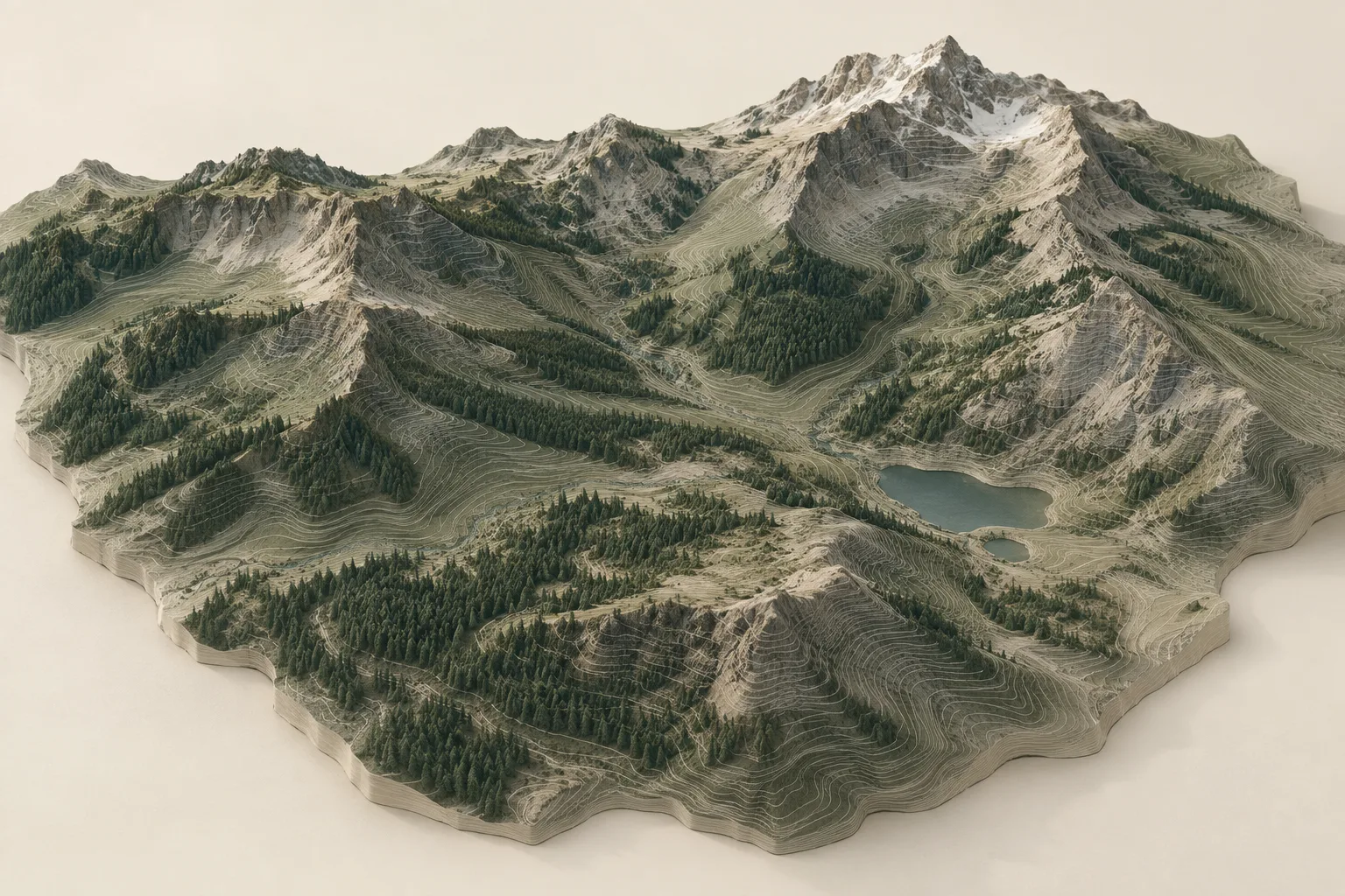 Conceptual three-dimensional terrain model with elevation contours, not a measured site survey
