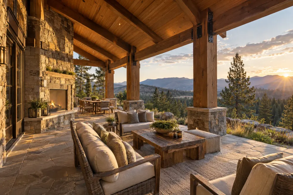 Design illustration of a sheltered timber-and-stone outdoor living terrace