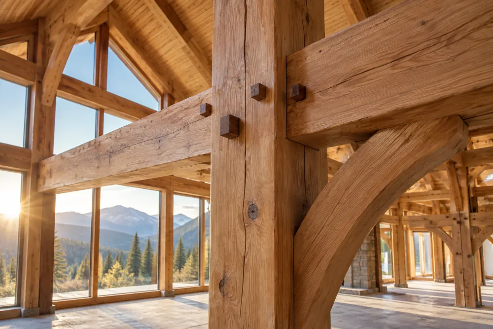 Illustrative timber-frame interior with exposed beams
