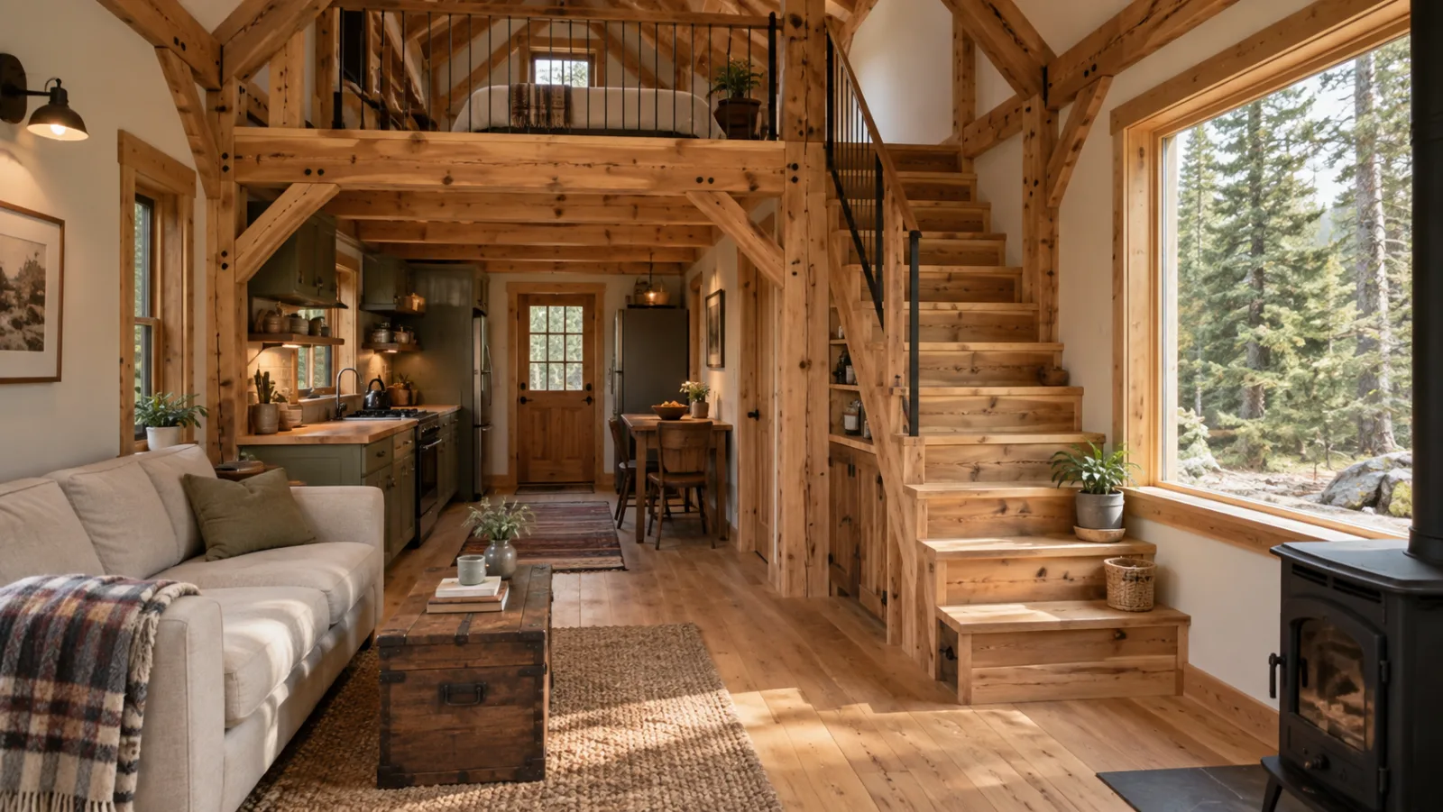 Design illustration of a compact timber-home interior with loft, kitchen and exposed joinery